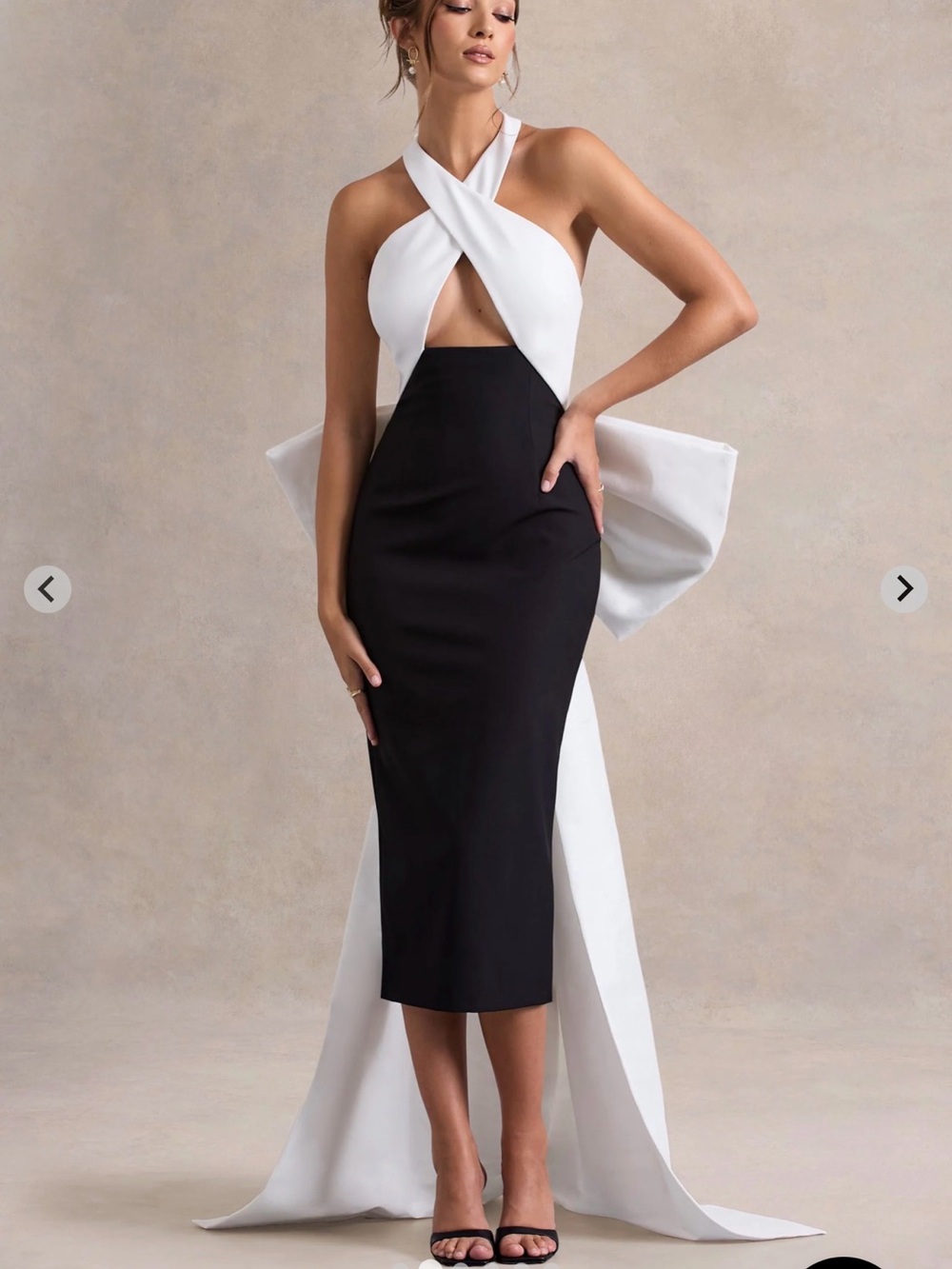 Club London Blanca Black & White Halter-Neck Cut Out Middi Dress with Bow